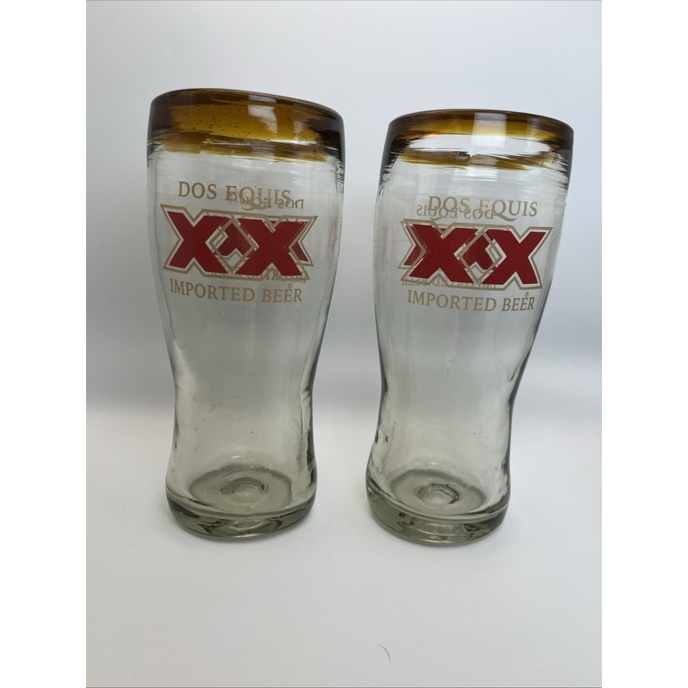 Dos Equis XX Imported Beer Glasses Set‎ 2 Hand Blown Amber Brown Rim Mexican Pub